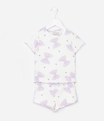 Pijama Curto Infantil em Ribana com Estampa de Laços - Tam 2 a 6 Anos
