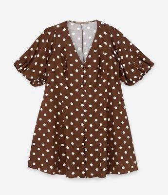 Vestido Curto em Viscolinho Poá com Manga Balonê Curve & Plus Size