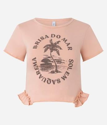 Blusa em Algodão com Babado e Estampa Praia