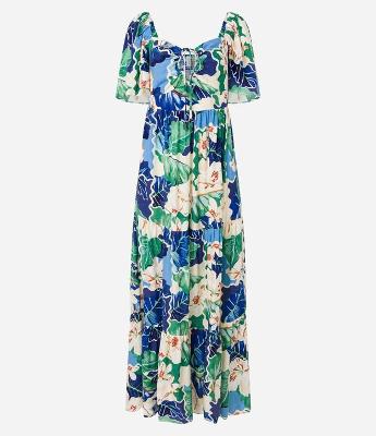 Vestido Longo Evasê com Amarração no Decote e Estampa Floral