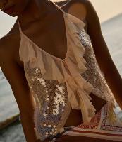 Blusa Frente Única em Poliamida com Paetês e Babados - 3