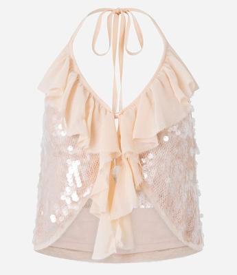 Blusa Frente Única em Poliamida com Paetês e Babados