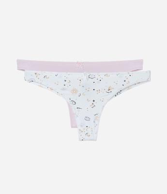 Kit 02 Calcinhas Biquíni Fio Duplo em Microfibra Lisa e Estampada Olhinhos