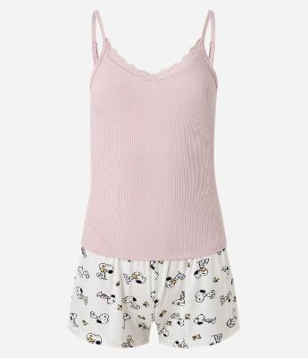 Pijama Short Doll em Ribana com Short Estampado Snoopy