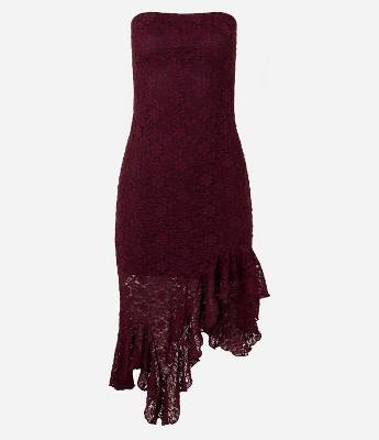 Vestido Tomara que Caia em Renda com Babado Assimétrico