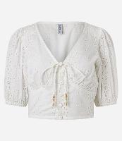 Blusa com Manga Bufante Amarração e Abotoamento com Textura Floral - 1