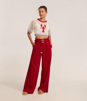 Calça Pantalona em Viscolinho com Cinto de Cordas com Fivela de Aviamento