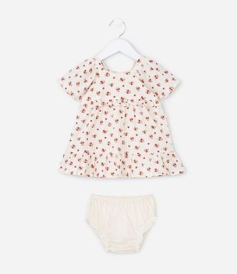 Vestido Infantil em Tricoline com Estampa Floral e Calcinha - Tam 3 a 18 Meses