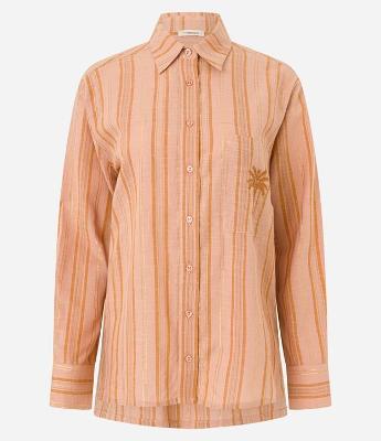 Camisa Listrada em Tricoline com Coqueiro Bordado no Bolso