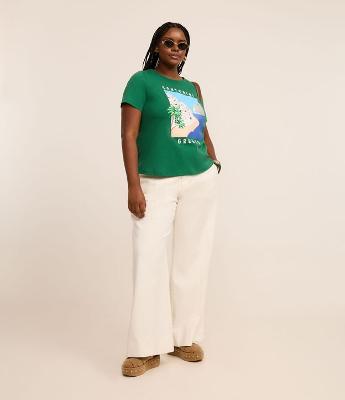 Calça Wide Leg em Jeans com Cós Alfaiataria e Botão Forrado Curve & Plus Size