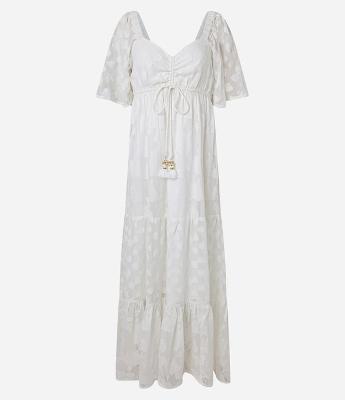 Vestido Longo em Crepe com Babados e Amarração Frontal com Tassel