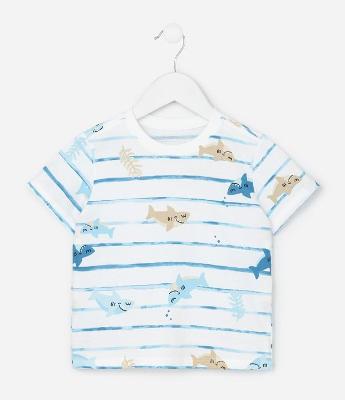 Camiseta Infantil com Estampa de Listras Fundo do Mar - Tam 1 a 6 Anos