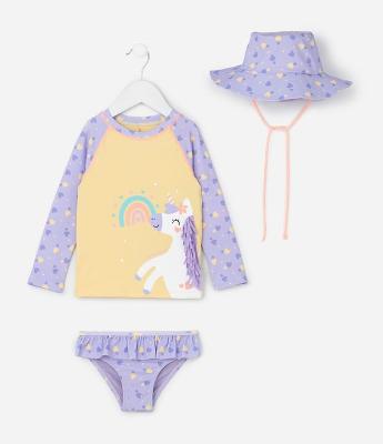 Conjunto Infantil com Proteção UV e Estampa de Unicórnio e Corações - Tam 6 Messe a 4 Anos