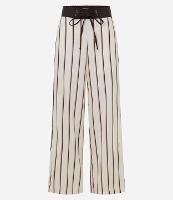 Calça Wide Leg em Tricoline Listrado com Cós Contrastante e Amarração - 1