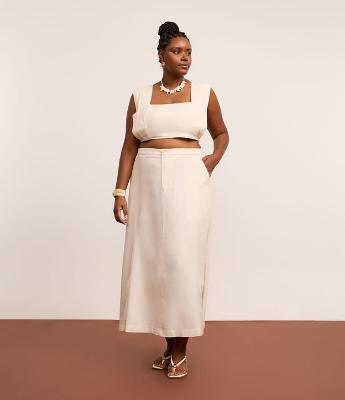 Saia Midi em Viscolinho com Bolso Curve & Plus Size