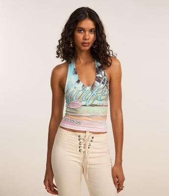 Blusa Frente Única em Microfibra com Estampa Praia Aloha