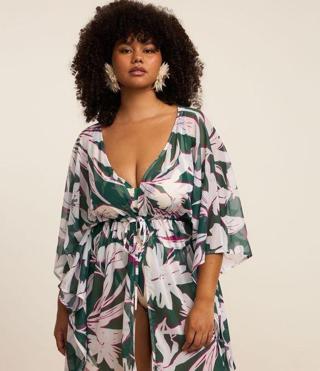 Saída de Praia Kaftan em Tule com Estampa Folhagem Curve & Plus Size - 1