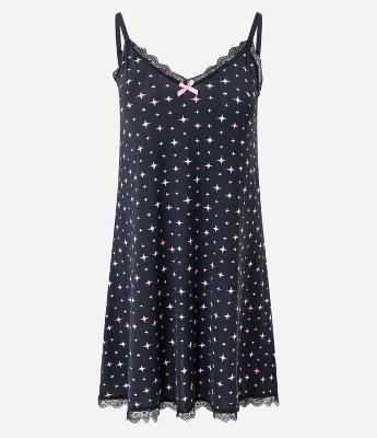Camisola em Microfibra com Estampa de Brilhos e Detalhe de Renda