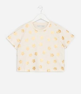 Camiseta Curta Infantil com Estampa de Flores - Tam 5 a 14 Anos