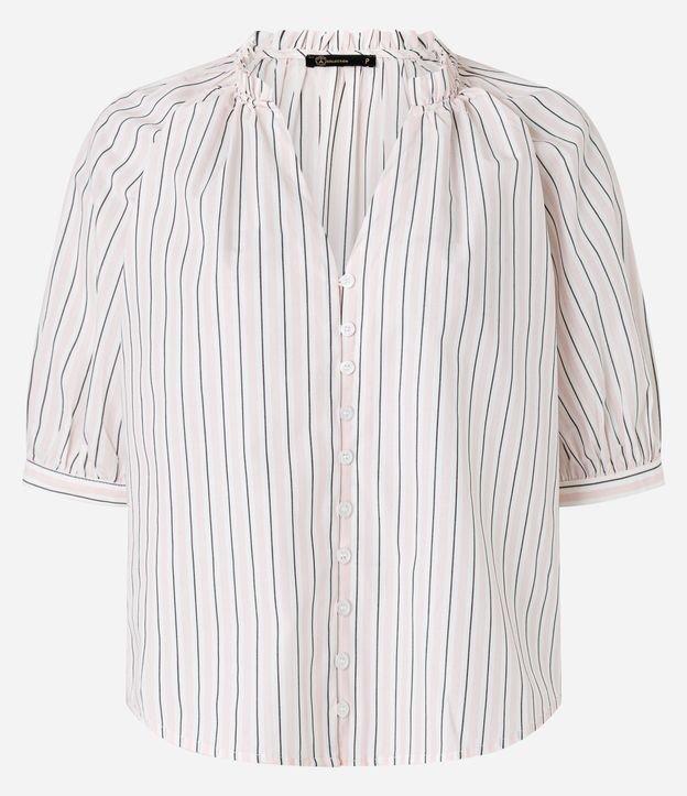 Camisa Listrada em Tricoline com Frufru na Gola Padre - 1