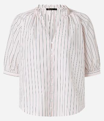 Camisa Listrada em Tricoline com Frufru na Gola Padre