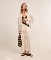 Calça Reta em Viscolinho com Textura de Coqueiro na Barra Nuvem - 1