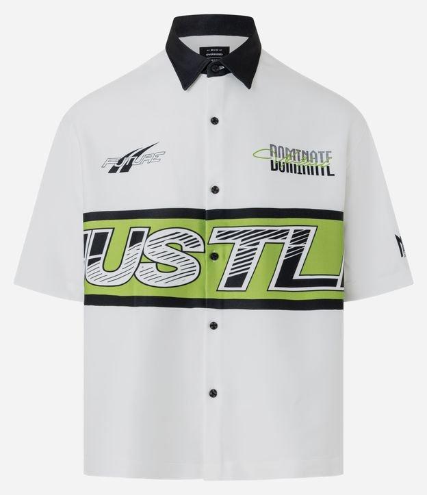 Camisa Oversized em Tricoline com Gola Contrastante  e Estampa Hustle - 1