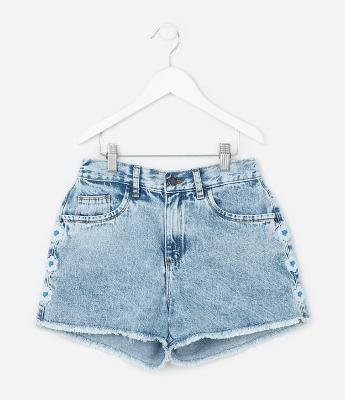 Short Jeans Infantil com Bordado de Flor e Marmorizado - Tam 5 a 14 Anos