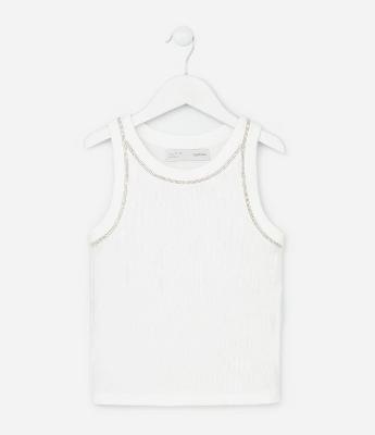 Camiseta Regata Infantil em Ribana com Cava Americana e Aplicação de Brilhos - Tam 5 a 14 Anos