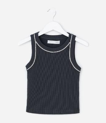 Camiseta Regata Infantil em Ribana com Cava Americana e Aplicação de Brilhos - Tam 5 a 14 Anos