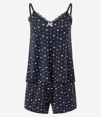 Pijama Short Doll em Microfibra com Rendinha e Estampa Brilhos