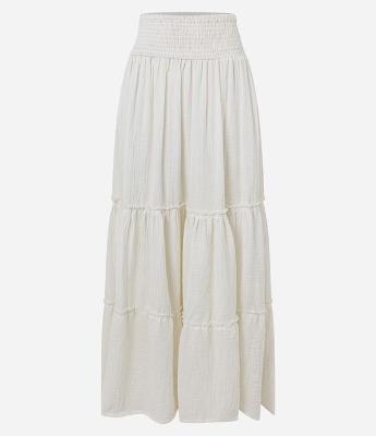 Saia Evasê Texturizada em Crepe com Babados nos Recortes