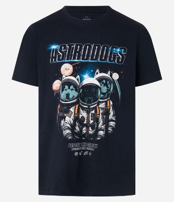 Camiseta Regular em Algodão com Estampa de Cachorros no Espaço e Lettering Astrodogs