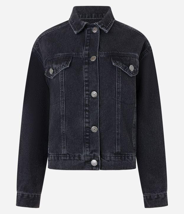Jaqueta Boxy em Jeans com Bolsos e Recortes - 1