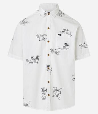 Camisa Relaxed em Tricoline com Estampa Minimalistas de Coqueiros e Ilhas