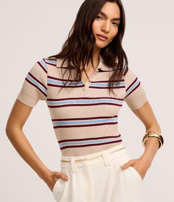 Blusa Canelada em Tricô Listrado com Gola Polo