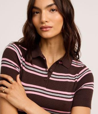 Blusa Canelada em Tricô Listrado com Gola Polo