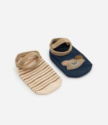 Kit 02 Meias Sapatilha Infantil com Estampa Cachorro e Listras - Tam 0 a 12 meses