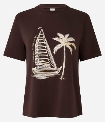 Blusa Slim em Algodão com Estampa Barco e Coqueiro