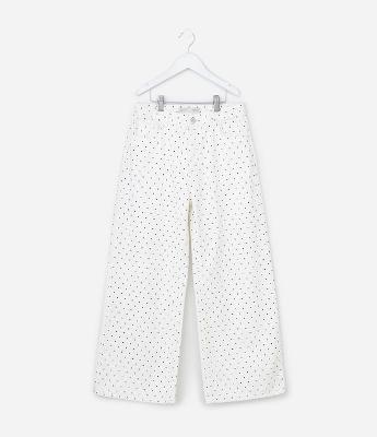 Calça Infantil Wide Leg em Sarja com Estampa Poá - Tam 7 a 16 Anos