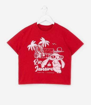 Camiseta Infantil Comfort com Estampa Stitch Rio de Janeiro - Tam 5 a 14 Anos