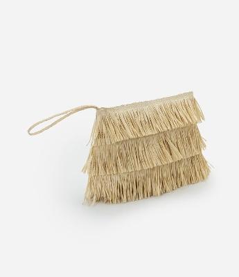 Bolsa de Praia Clutch em Palha com Franjas