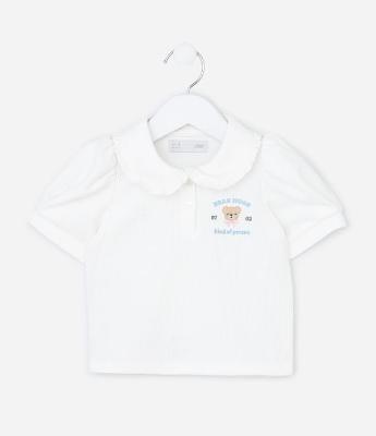 Camiseta Infantil com Manga Bufante e Bordado Urso - Tam 1 a 6 Anos