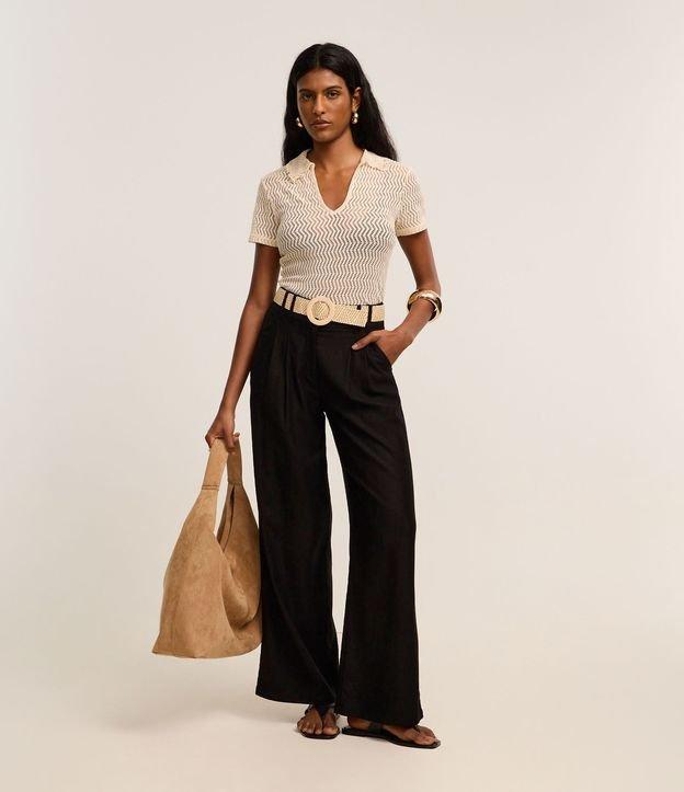 Calça Wide Leg em Viscolinho com Cinto de Ráfia - 1