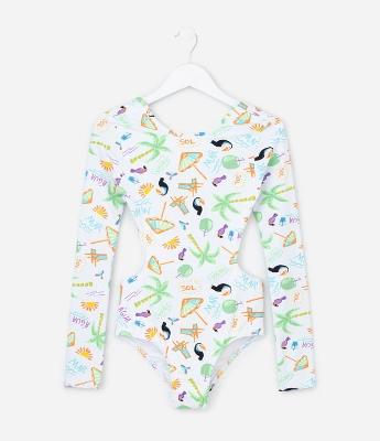 Maiô Infantil com Estampa Tropical e Recorte Vazado - Tam 5 a 14 Anos