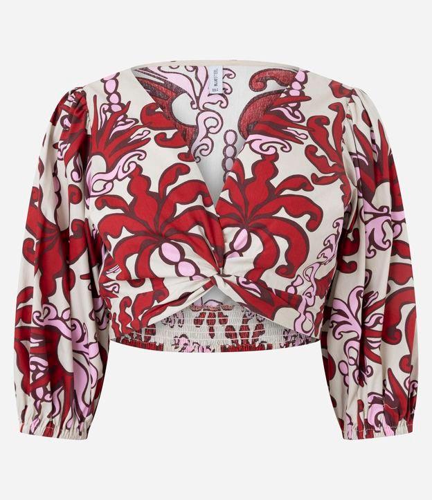 Blusa Cropped em Tricoline com Manga 3/4 e Estampa Arabesco - 1