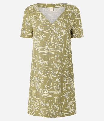 Vestido T-Shirt em Viscolinho com Estampa Paisagem Tropical