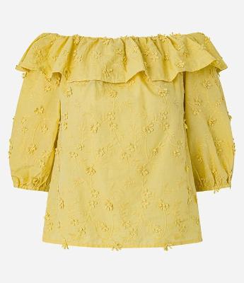 Blusa Ombro a Ombro com Babado e Bordado Floral