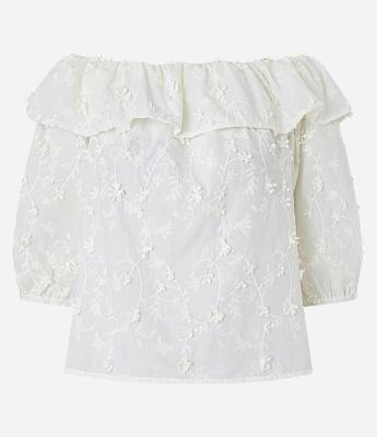 Blusa Ombro a Ombro com Babado e Bordado Floral