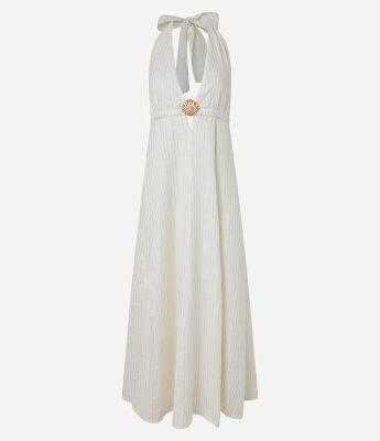 Vestido Longo com Fio Metalizado Frente Único e Concha Contrastante